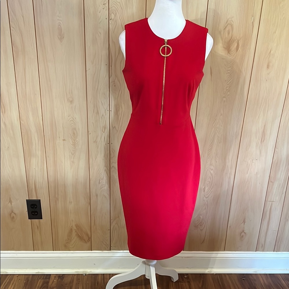 Calvin Klein Women Red Midi Dress with Gold Accent Size 4
